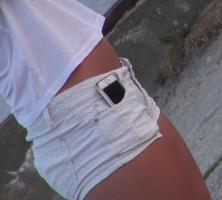 [18703] Small Tight White Jeans Style Shorts Pocket Phone