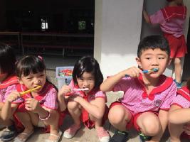 Kindergarten little girl brushing teeth